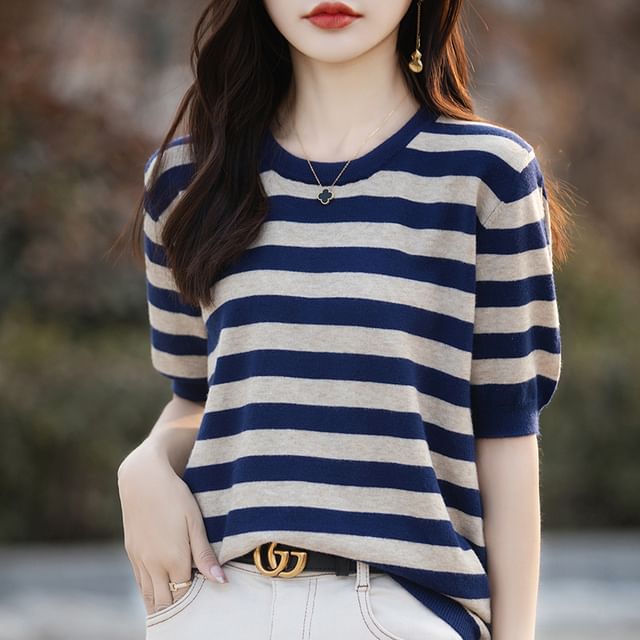Elbow--Sleeve Round Neck Striped Knit Top