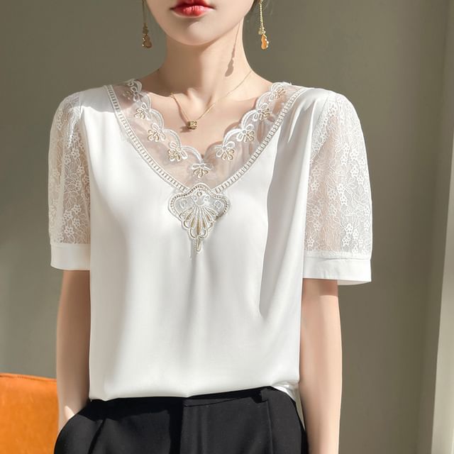 Short Sleeve V-Neck Embroidered Panel Lace Satin Top