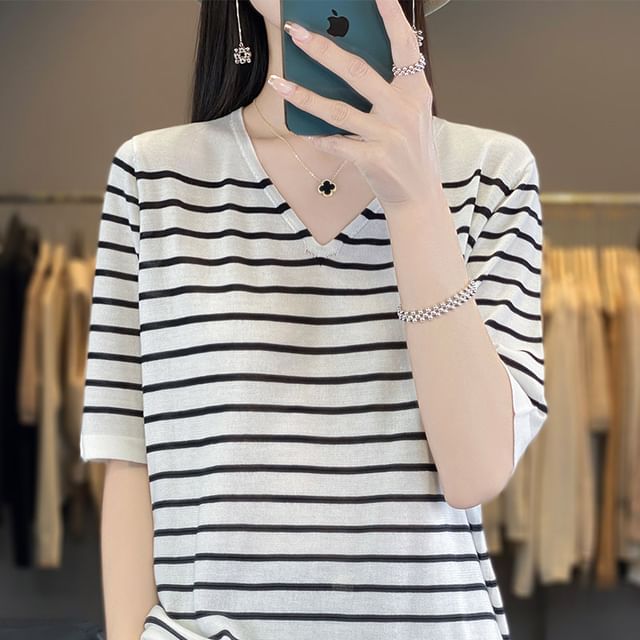 Elbow-Sleeve V-Neck Striped Knit Top