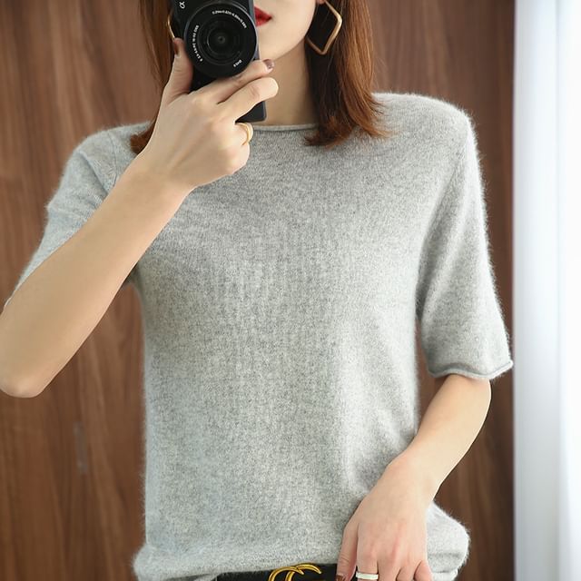 Elbow-Sleeve Round Neck Plain Knit Top