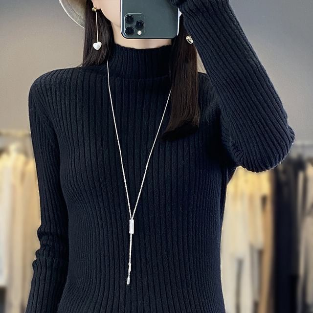 Long-Sleeve Mock Neck Plain Ribbed Knit Top