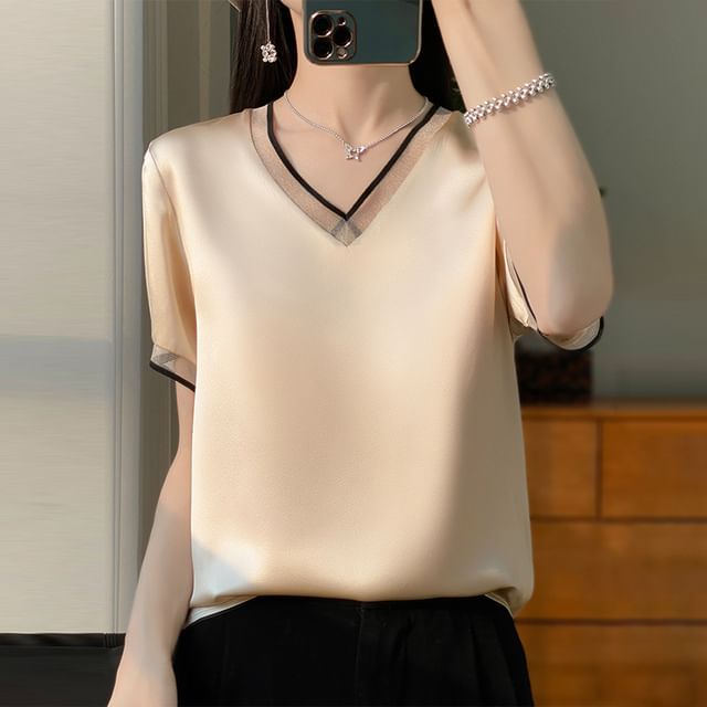 Short-Sleeve V-Neck Mesh Panel Contrast Trim Satin Blouse