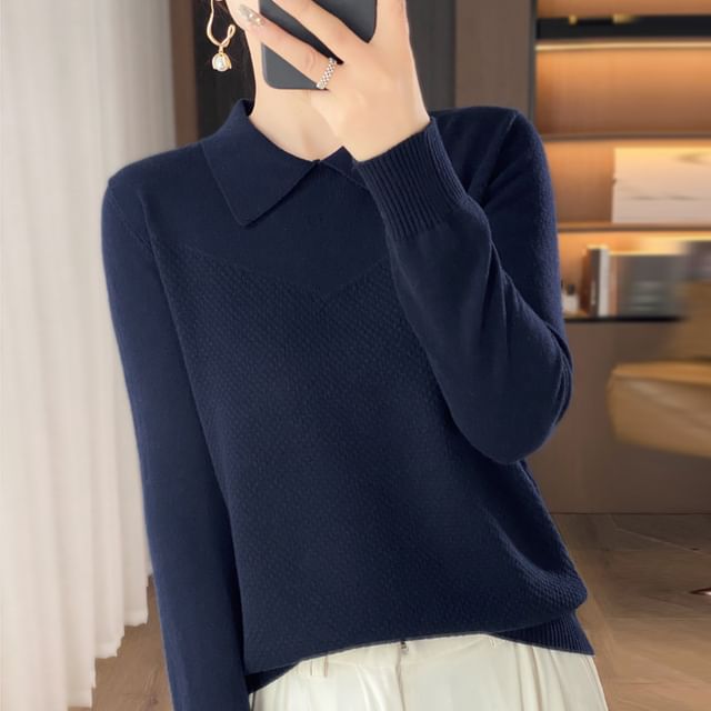 Long Sleeve Collared Plain Knit Top
