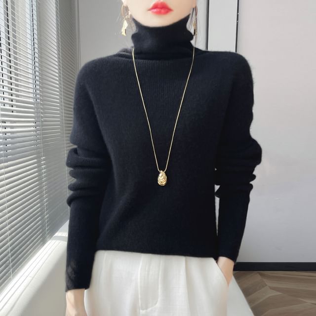 Turtleneck Long Sleeve Plain Ribbed Knit Sweater
