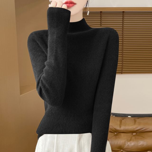 Mock Neck Plain Ribbed Knit Sweater