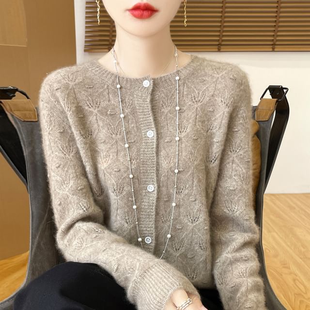 Round Neck Long Sleeve Pointelle Cropped Cardigan