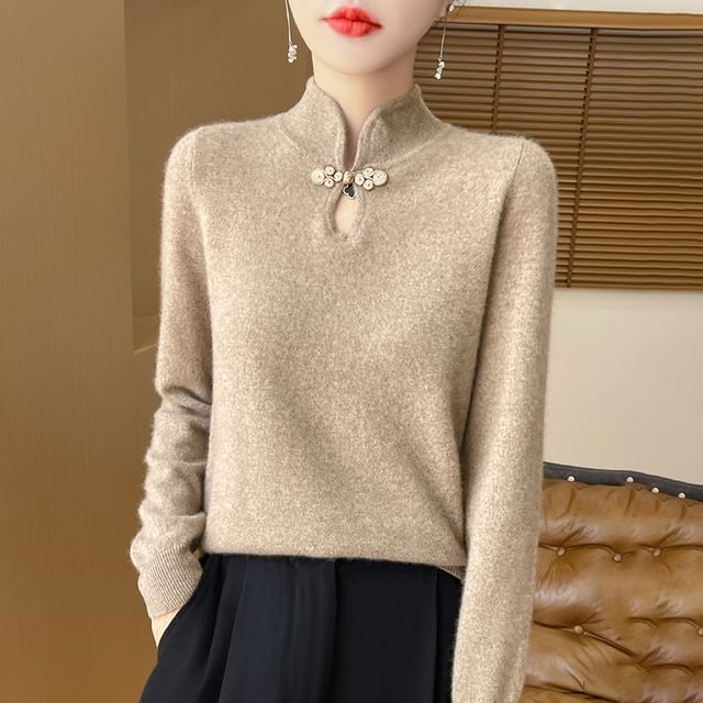 Long Sleeve Mock Neck Keyhole Plain Sweater