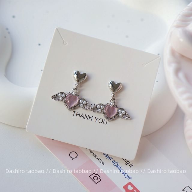 Gemstone Earring Heart Drop / Clip-On
