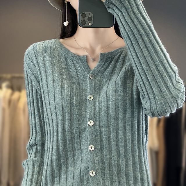 V-Neck Plain Ribbed Knitted Crop Cardigan