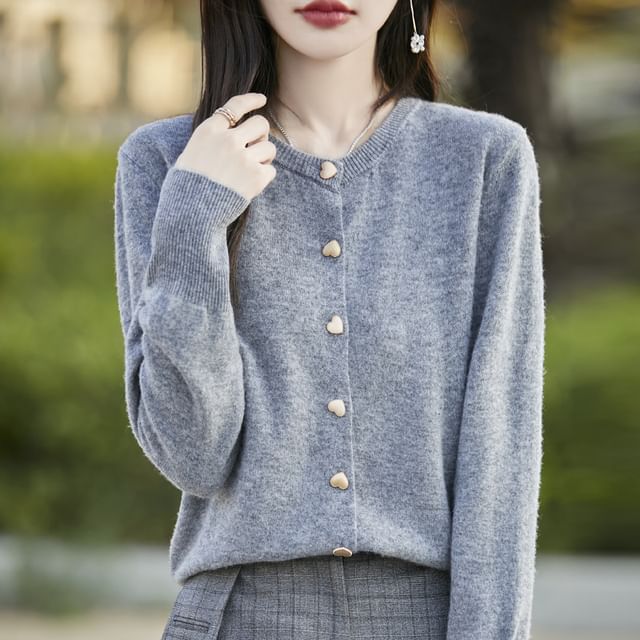 Round Neck Plain Heart Button Cropped Cardigan
