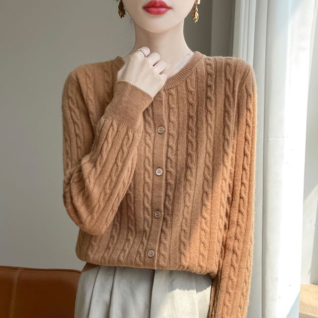 Crew Neck Plain Cable Knitted Cropped Cardigan