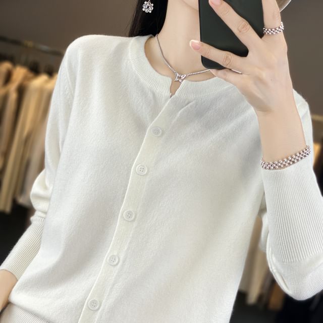 Crew Neck Plain Button Cardigan