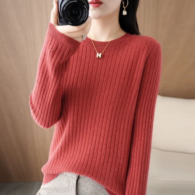 Long-Sleeve Crewneck Plain Knit Top