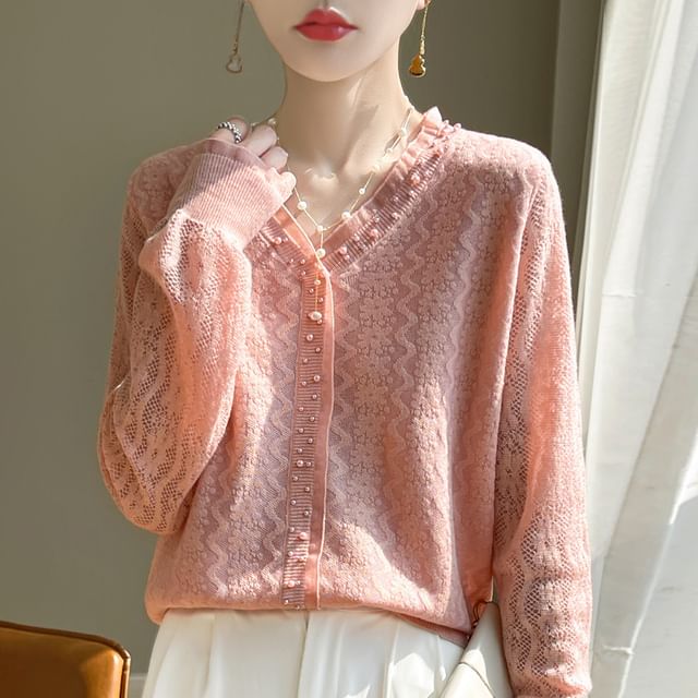 V-Neck Beaded Plain Cardigan