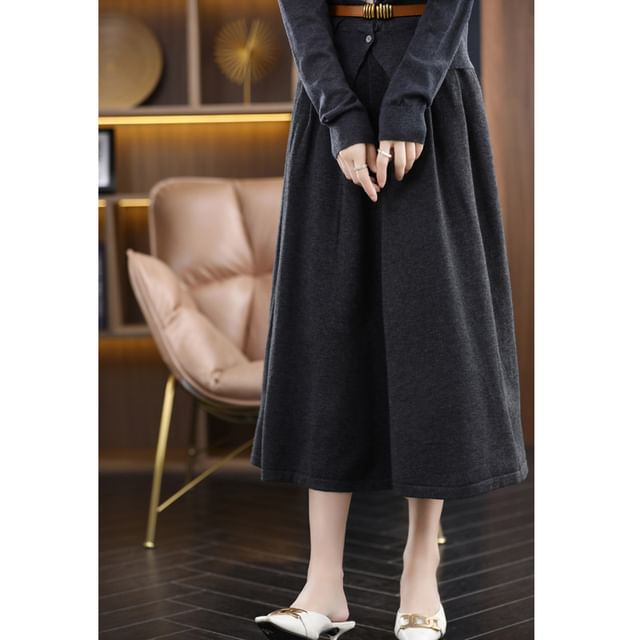 Elastic Waist Plain Midi A-Line Skirt