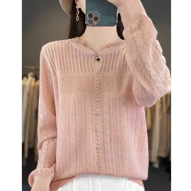 Long Sleeve Frill Collar Plain Beaded Keyhole Knit Top