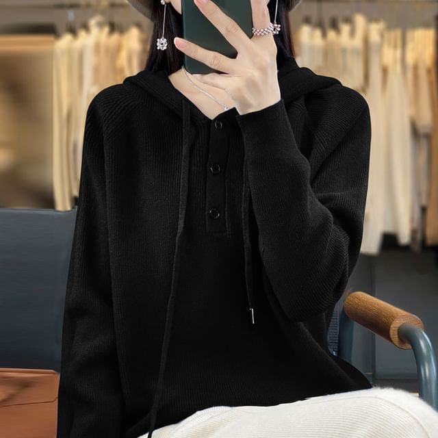 Henley Plain Hood Ribbed Sweater