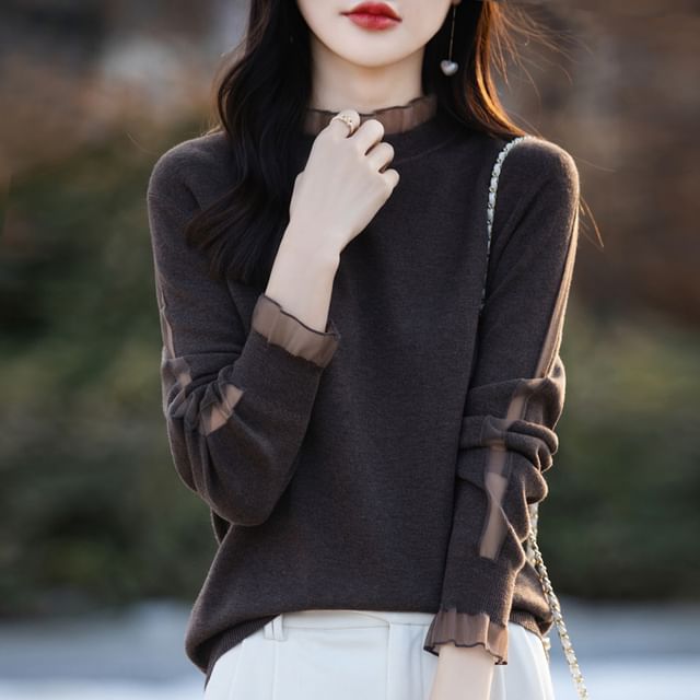 Long Sleeve Mock Neck Plain Frill Knit Top