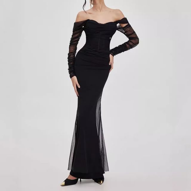 Long-Sleeve Off-Shoulder Plain Mesh Maxi Mermaid Dress