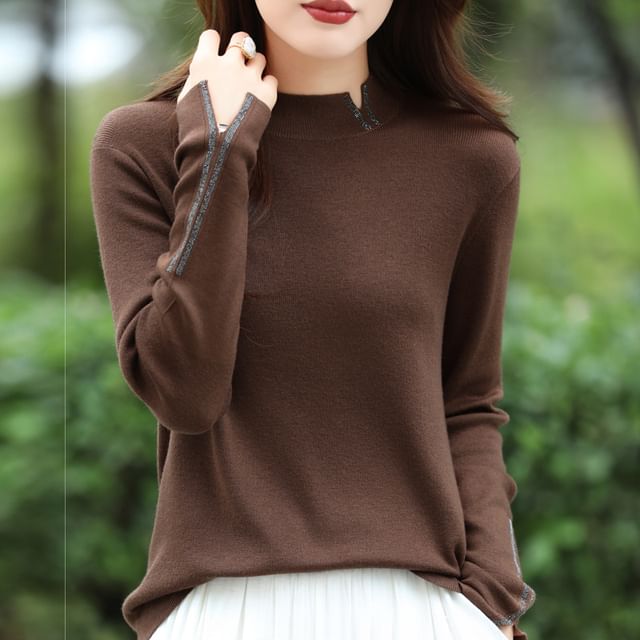 Long Sleeve Mock Neck Plain Slit Knit Top