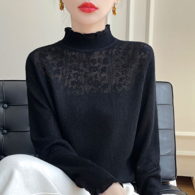Long-Sleeve Mock Neck Lace Top