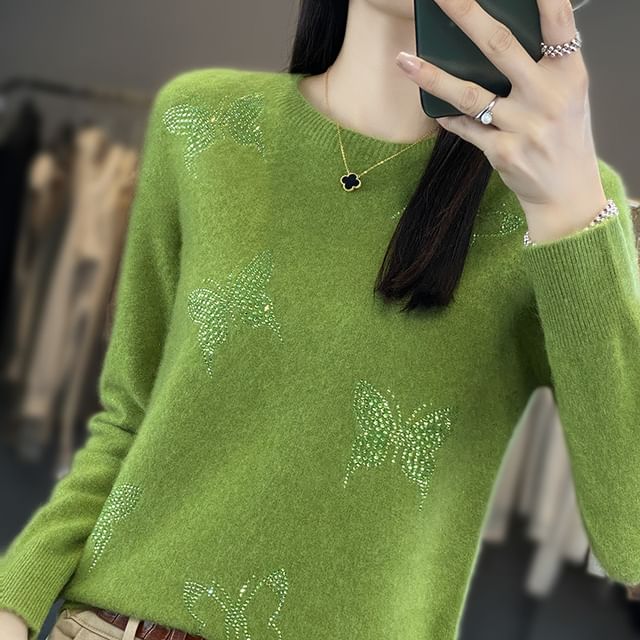 Long-Sleeve Crewneck Glitter Butterfly Knit Top