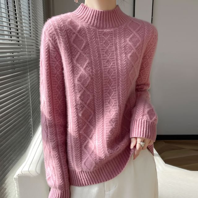 Mock Neck Cable Knit Plain Sweater