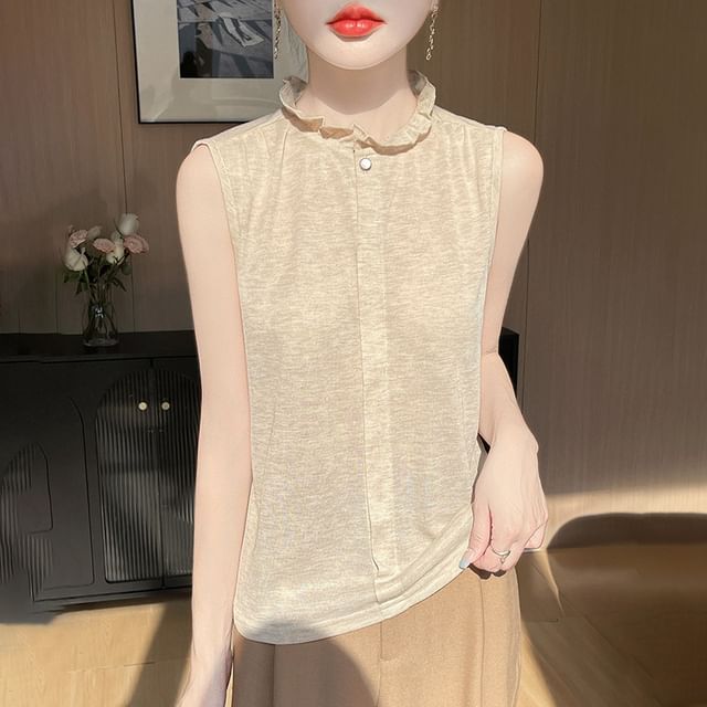 Sleeveless Plain Ruffle Blouse