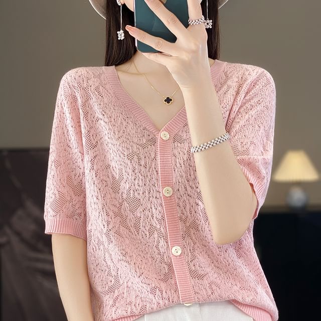 Short-Sleeve V-Neck Floral Cardigan
