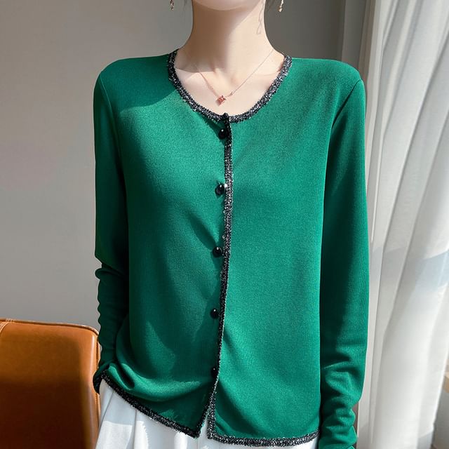 Crewneck Button-Up Plain Cardigan