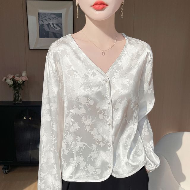 V-Neck Satin Button-Up Jacket