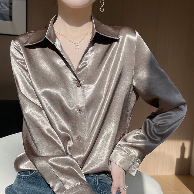 Long-Sleeve Satin Plain Shirt