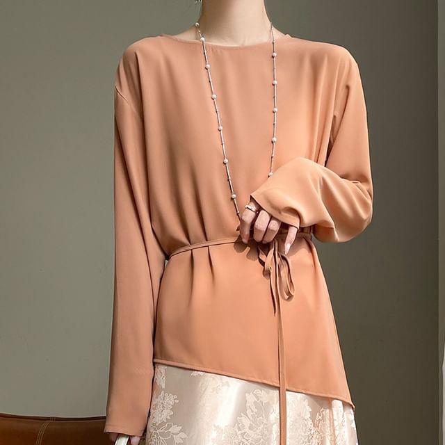 Set: Long-Sleeve Round Neck Plain Asymmetrical Tee + String Belt