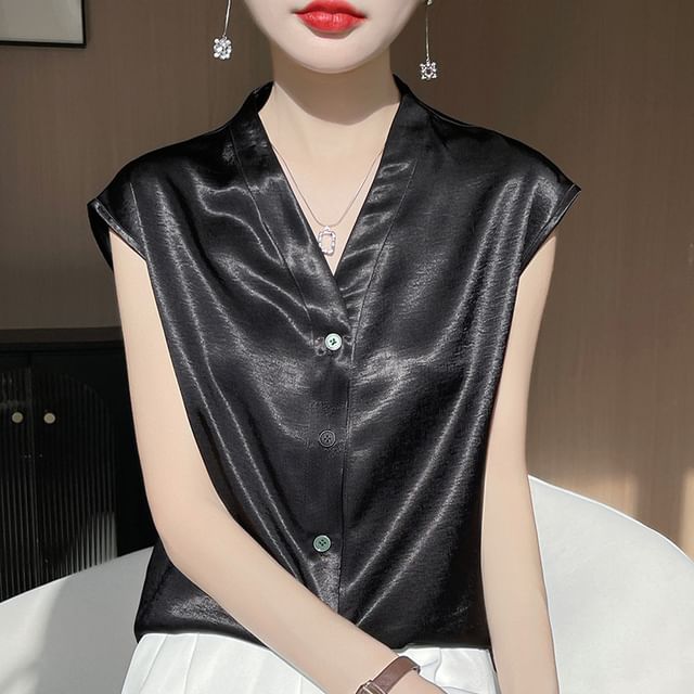 Cap-Sleeve V-Neck Button-Up Plain Satin Blouse