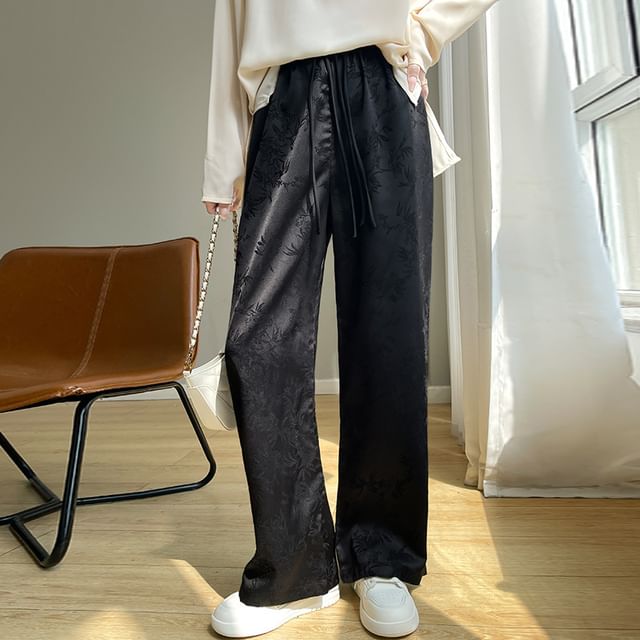 High Waist Jacquard Frog Buttoned Satin Loose Fit Pants