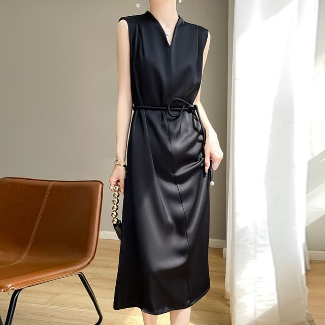 Sleeveless V-Neck Plain Tie Waist Satin Midi A-Line Dress