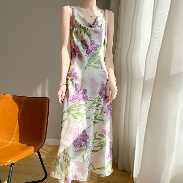 Spaghetti Strap Cowl Neck Floral Print Satin Midi A-Line Dress