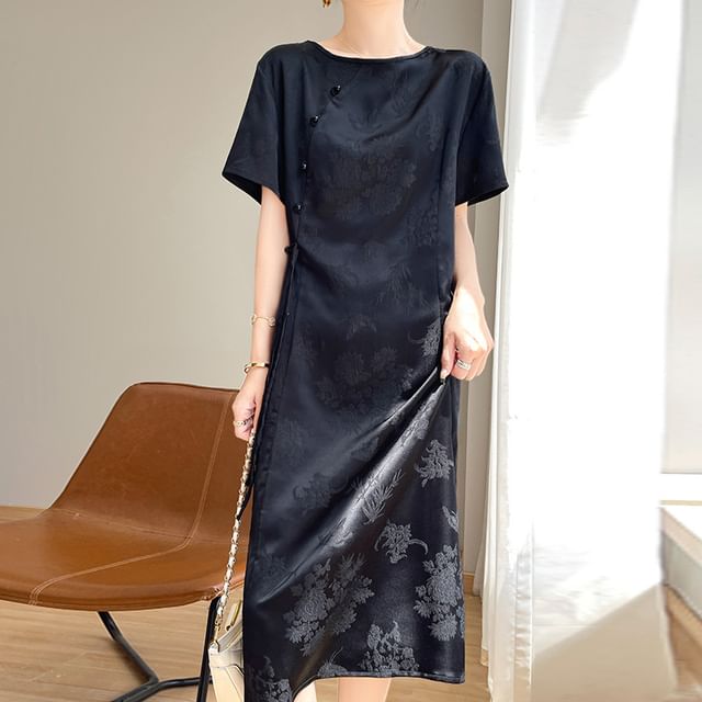 Elbow-Sleeve Crew Neck Floral Jacquard Satin Midi A-Line Dress