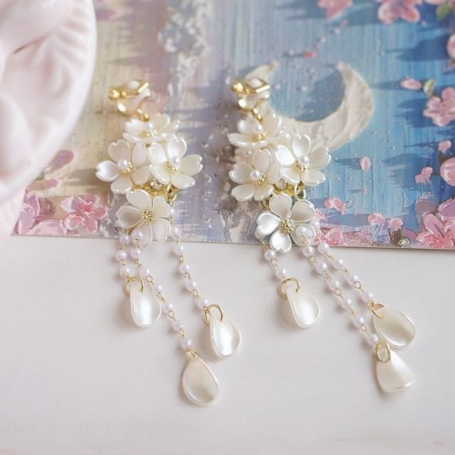 Clip-On / Earring Faux Flower Drop 925 Pearl Sterling Silver