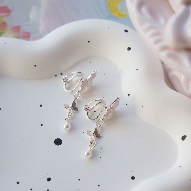 Sterling Pearl Clip-On Earring Silver / Faux Butterfly Drop 925