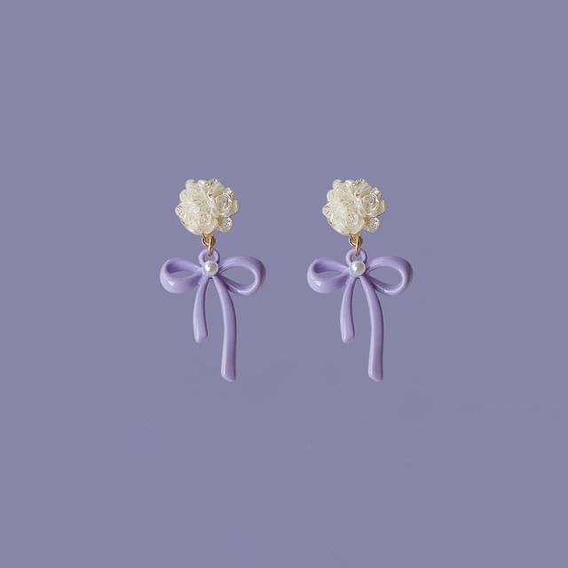 Bow 925 Flower Silver Earring Sterling Drop Clip-On /