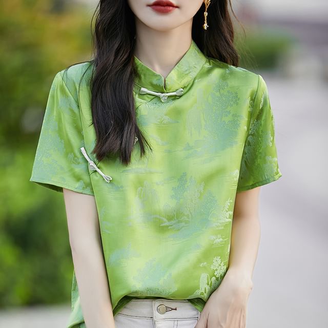 Short Sleeve Mandarin Collar Jacquard Top