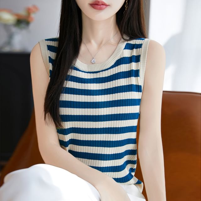 Round Neck Striped Ribbed Knit Tank Top