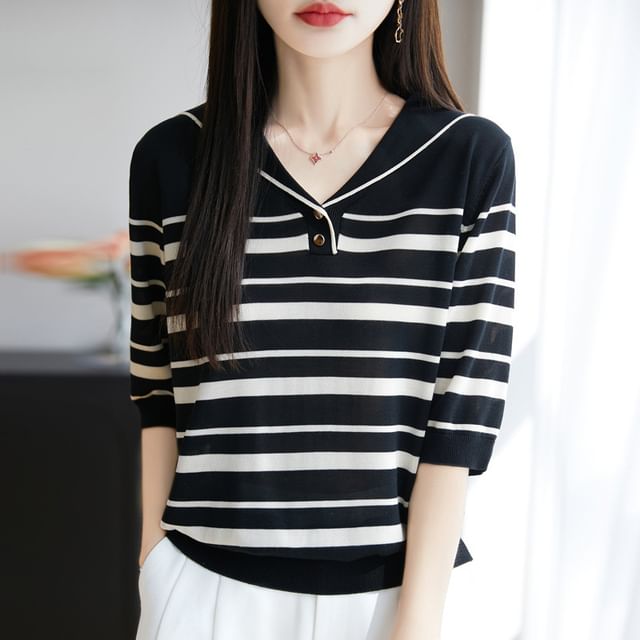 Elbow Sleeve Sailor Collar Striped Knit Top