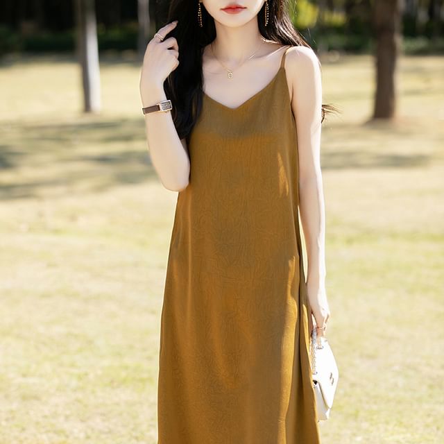Spaghetti Strap V-Neck Plain Satin Midi A-Line Dress
