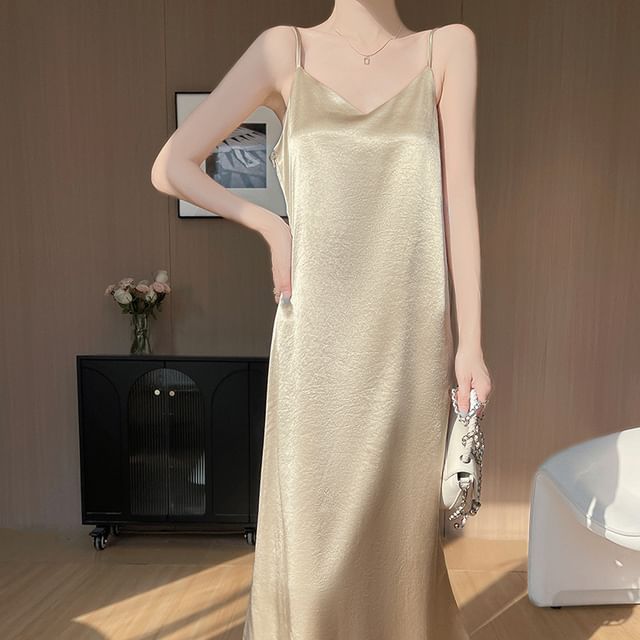 Spaghetti Strap V-Neck Plain Satin Maxi A-Line Dress