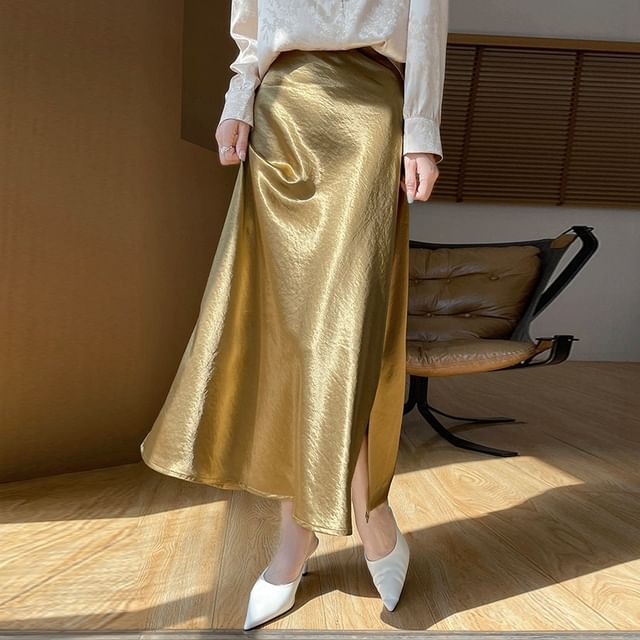 High Waist Plain Satin Maxi A-Line Skirt