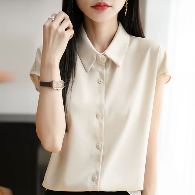 Cap Sleeve Collared Plain Satin Shirt