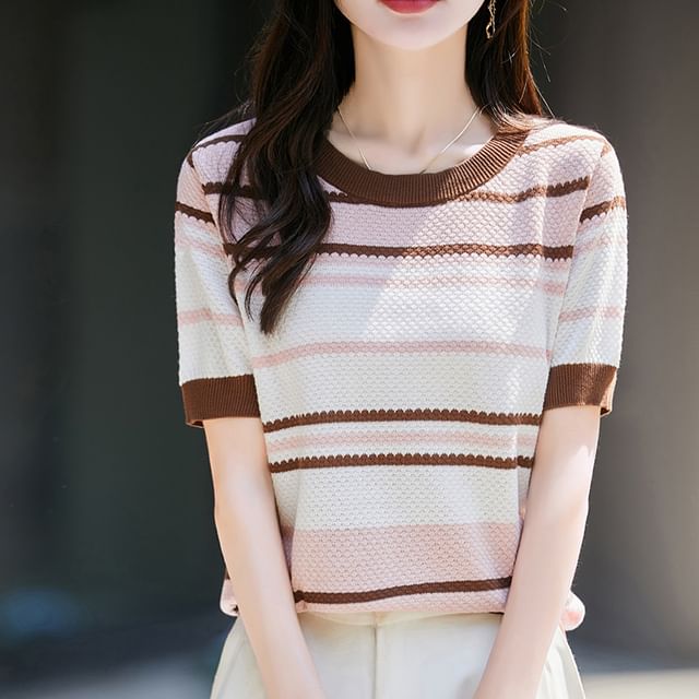 Short Sleeve Crew Neck Striped Knit Top
