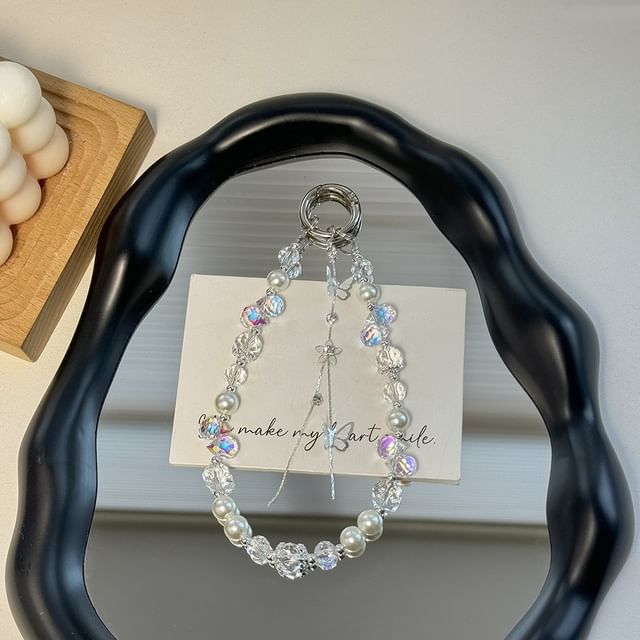 Faux with Lanyard Butterfly Phone Pearl Wrist Strap Pad
